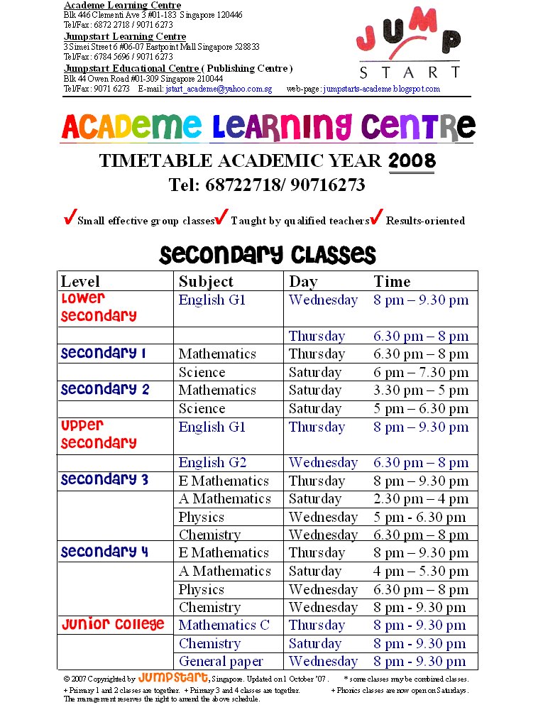Academe Learning Centre Academic Timetable 2008 (SECONDARY)