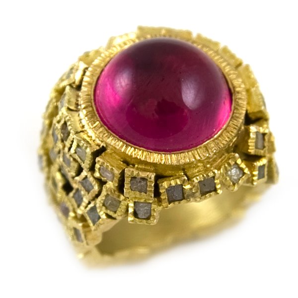 [Todd+Reed+cabochon+cut+gemstone+and+rough+cut+diamond+with+gold+ring.jpg]