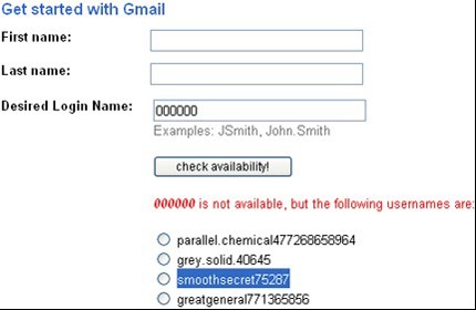Out Of Ideas For a User Name? try Gmail Sign Up form Check Availability button