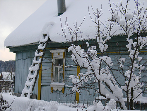 Traditional Russian house under snow