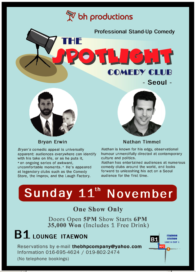Flyer for BH Productions Comedy night at B1 Lounge Itaewon, Seoul starring Bryan Erwin and Nathan Timmel