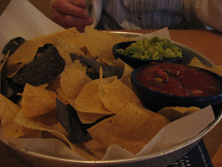 Blue and Yellow Corn chips with Guac and Salsa