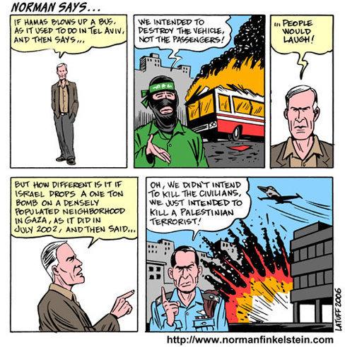 Norman compares an attack on a bus with an attack on an Israeli terrorist, showing that both have 'collateral damage'