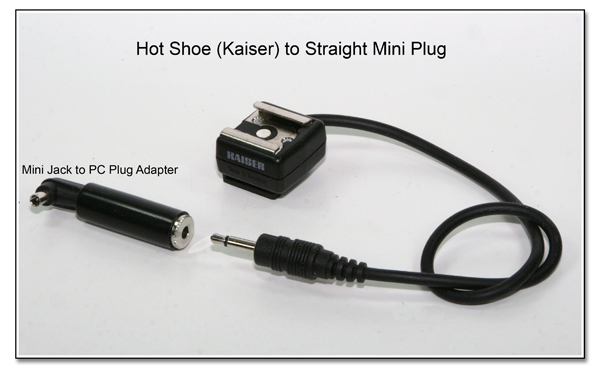 Hot Shoe (Kaiser) to Straight Mini Plug with Mini Inline Jack to PC Plug Adapter