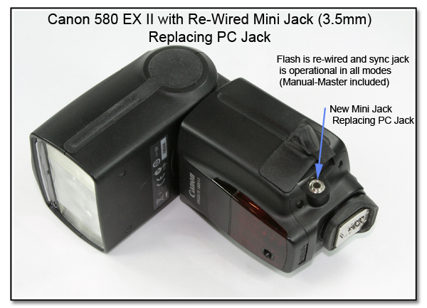 AS1013: Canon 580 EX II with Re-Wired Mini Jack (3.5mm) Replacing OEM PC Jack - Operational in All Modes Including Manual-Master
