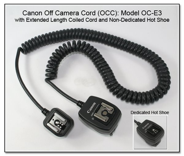 OC1019: Canon Off Camera Cord (OCC): Model OC-E3 with Extended Length Coiled Cord and Non-Dedicated Hot Shoe (Dedicated Hot Shoe Shown in Inset)