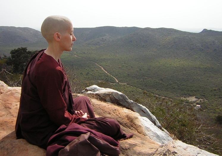 Ayya Medhanandi meditating at Vulture's Peak