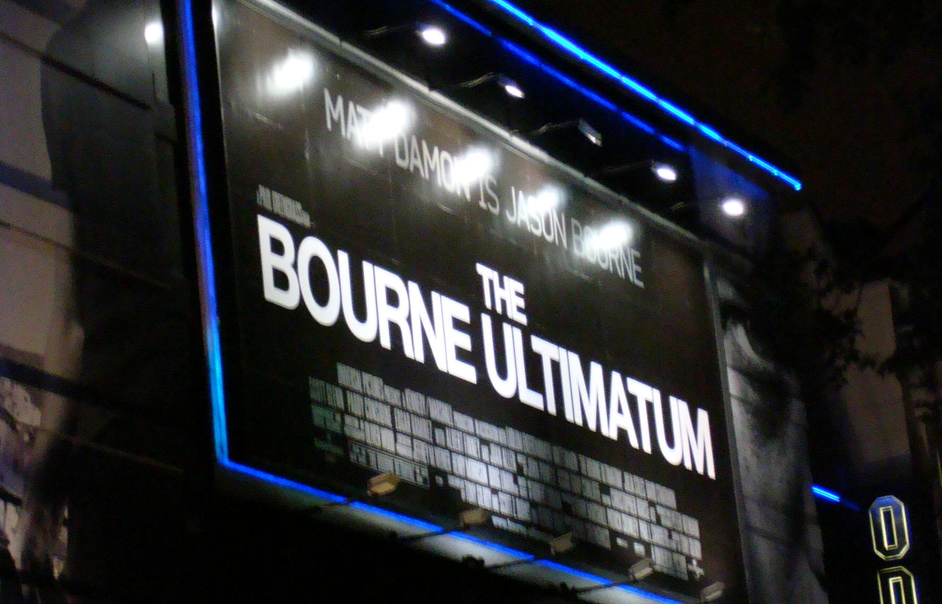 Photo of Bourne Ultimatum poster high above entrance to Odeon London Leicester Square cinema