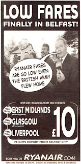 Ryanair advert - with Martin McGuinness and a speech bubble suggesting Ryanair fares are so low even the British Army flew home - via http://larryni.me.org