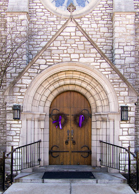 Our Lady of Lourdes Church, in University City, Missouri - front door with Lenten wreathes