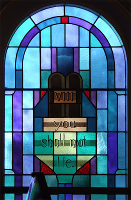 Saint James Roman Catholic Church, in Millstadt, Illinois, USA - stained glass window of commandment