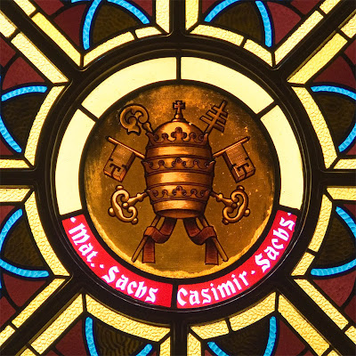 Saint Theodore Roman Catholic Church, in Flint Hill, Missouri, USA - stained glass window, Papal symbols