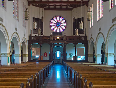 Saint George Roman Catholic Church, in Affton, Missouri, USA - view to back of nave