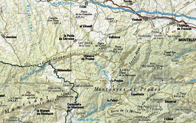 Mapa topogràfic comarca de les Garrigues i voltants