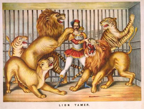 Images/Circus: 	Lion tamer, lithograph by Gibson & Co., 1873.