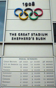 medal table at the BBC Media Village (built on the site of the old White City Stadium)