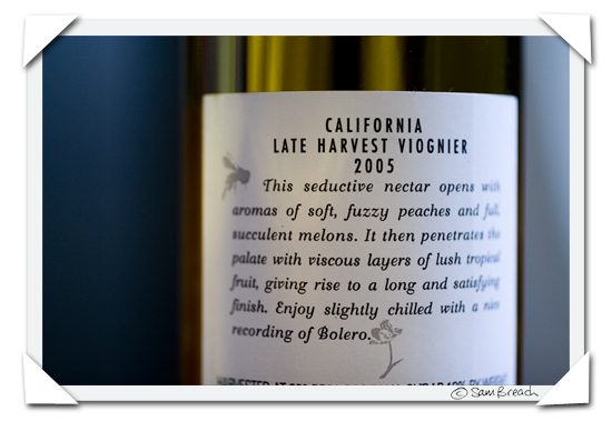 picture photograph Mt Meenao late harvest viognier from st george spirits and hangar one 2007 copyright of sam breach http://becksposhnosh.blogspot.com/