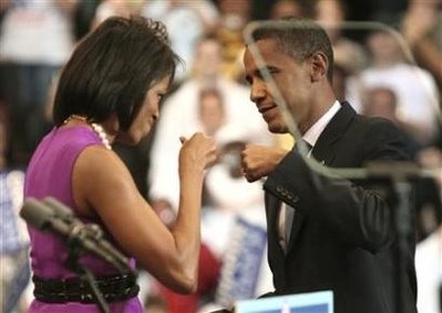 Barack and Michelle Obama, before nomination victory speech
