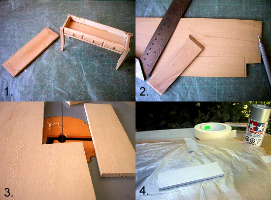 Four photos of a modern dolls' house miniature side table: with its top removed, measuring and cutting a new top piece,  and spray painting it.