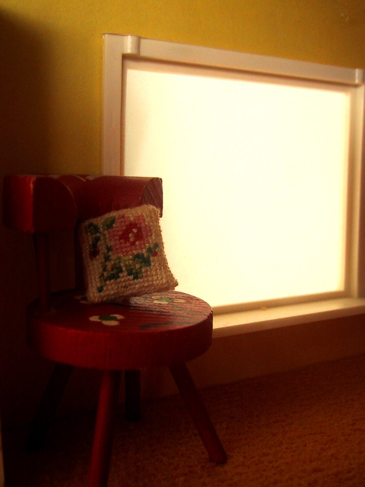 Vintage Lundby dolls' house window and chair.