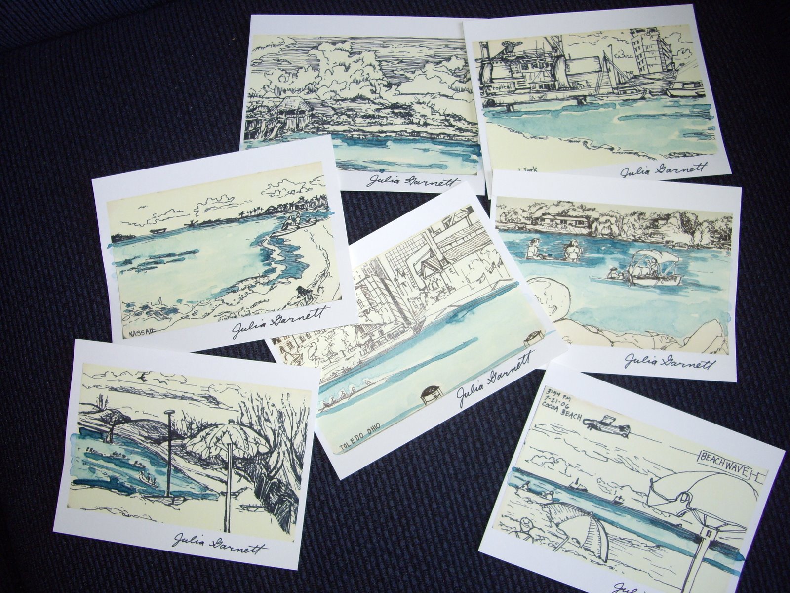 Hand watercolored beach sketches