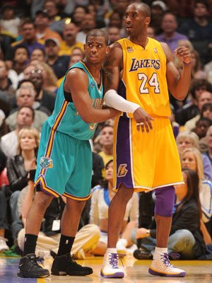 2007-08 NBA MVP Runner-Up New Orleans Hornets point guard Chris Paul and 2007-08 NBA MVP LA Lakers guard Kobe Bryant