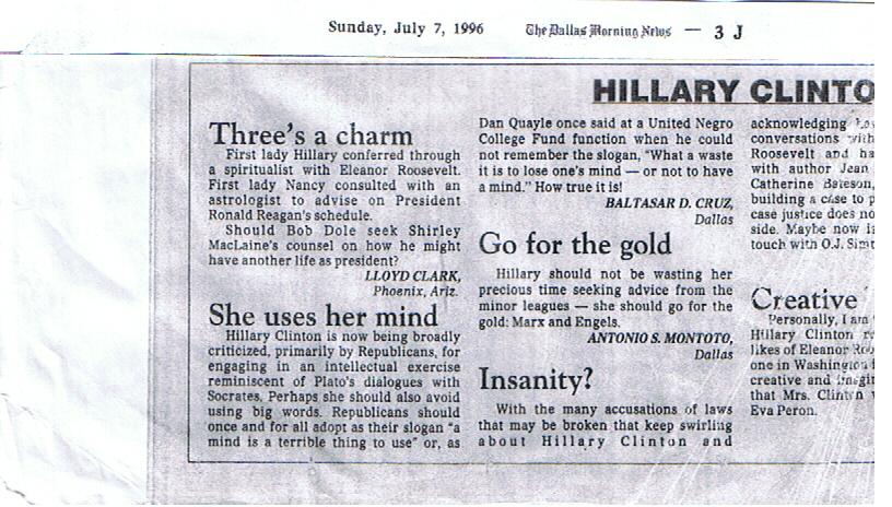 Baltasar D. Cruz re: Hillary Clinton and Republicans, July 7, 1996