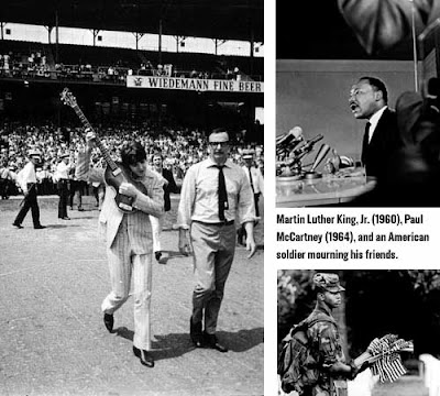 Black and white photos of Paul McCartney carrying his bass to a concert at Cleveland ballfield, Martin Luther King speaking, and an African-American soldier in fatigues holding a bundle of small American flags
