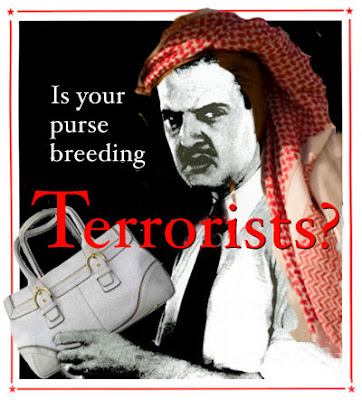 Altered version of the classic Is your washroom breeding Bolsheviks? poster that says Is your purse breeding terrorists?