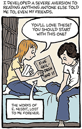 Comic frame of child Alison rejecting the idea of reading a recommended book