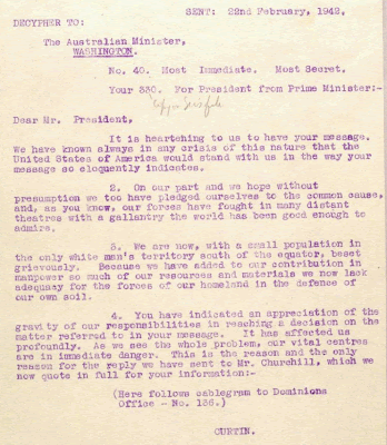 Text of cablegram from Curtin to Roosevelt