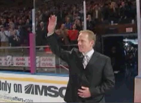 Brian Leetch steps onto the ice at MSG for jersey #2 retirement ceremony