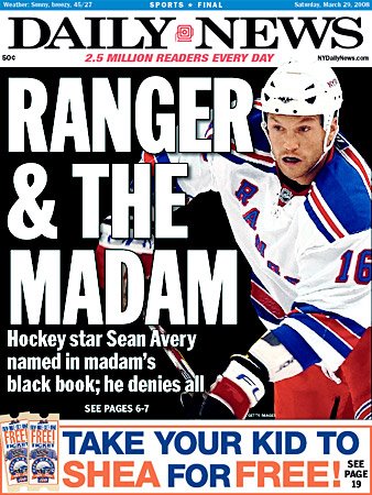 Sean Avery on frontpage of NY Daily News March 29th, 2008