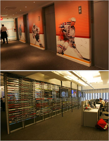 picture of Wayne Gretzky Wall at new NHL headquarters, wall of 470 hockey sticks (bottom)