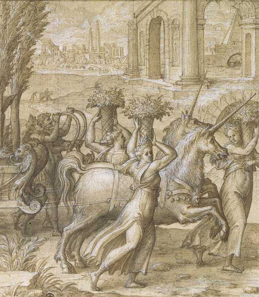 Nicolo dell'Abate sketch - The Unicorn Chariot (detail)