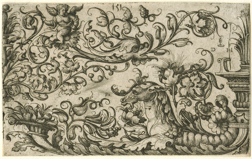 Ornamental fillet with seahorse - Hopfer etching