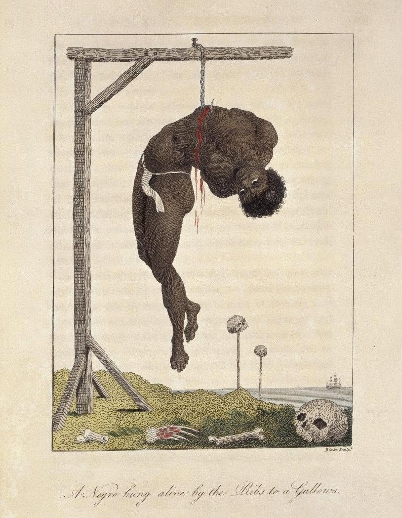 Negro hung alive by the Ribs to a Gallows