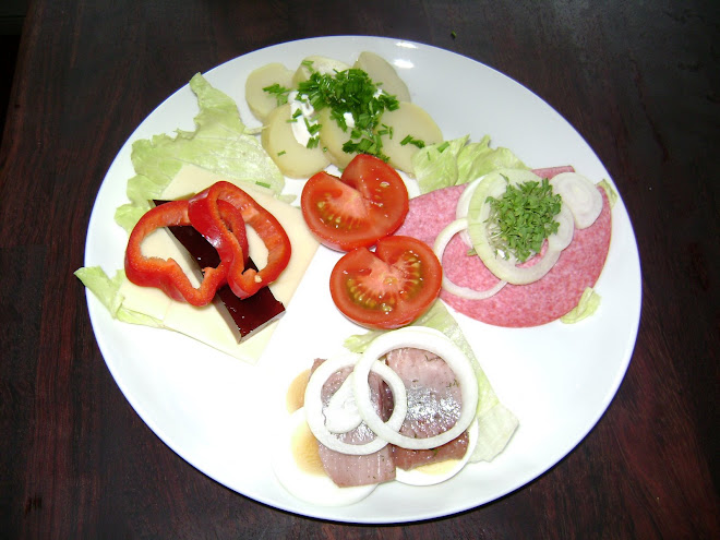 Herrings in viegar, Salami, Boiled Potatoes,Cheese top with pepper