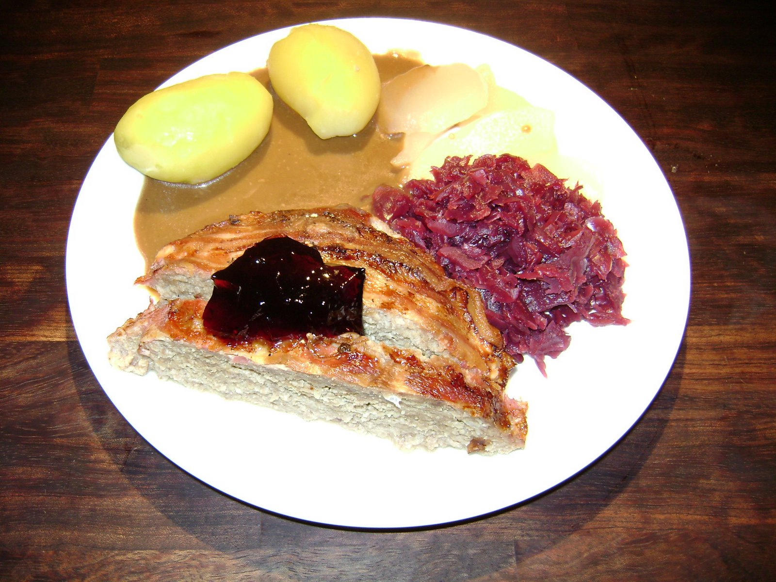 Meat Loaf, Red fruit jelly Boiled  New Potatoes. Gravy,