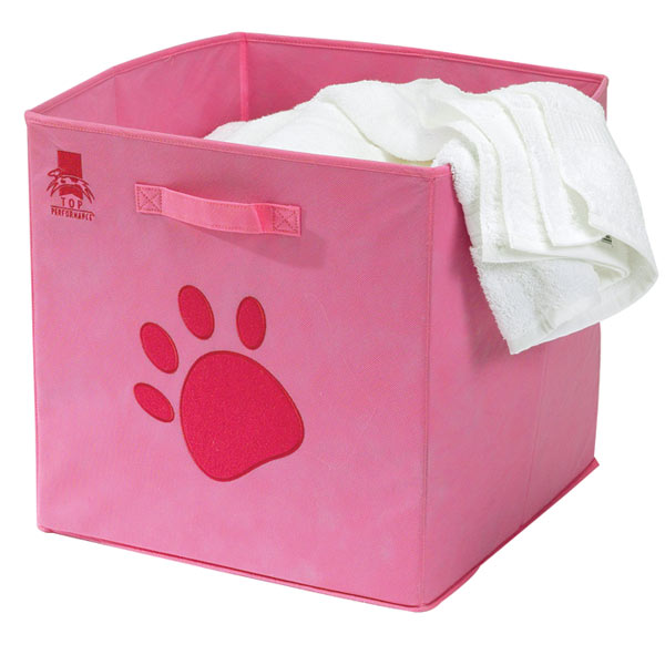 pink collapsible crate with paw print