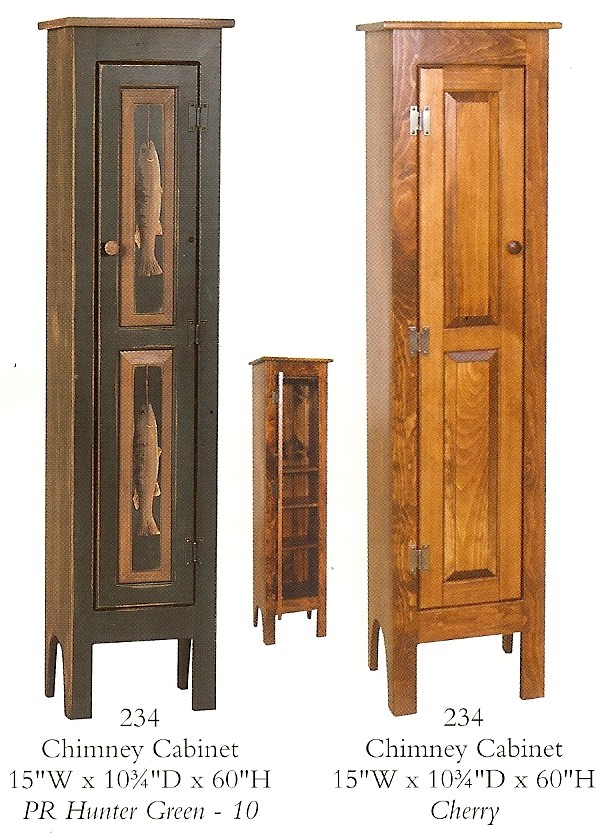 Amish chimney cabinet, 3 different versions, one with pictures of fish on the doors