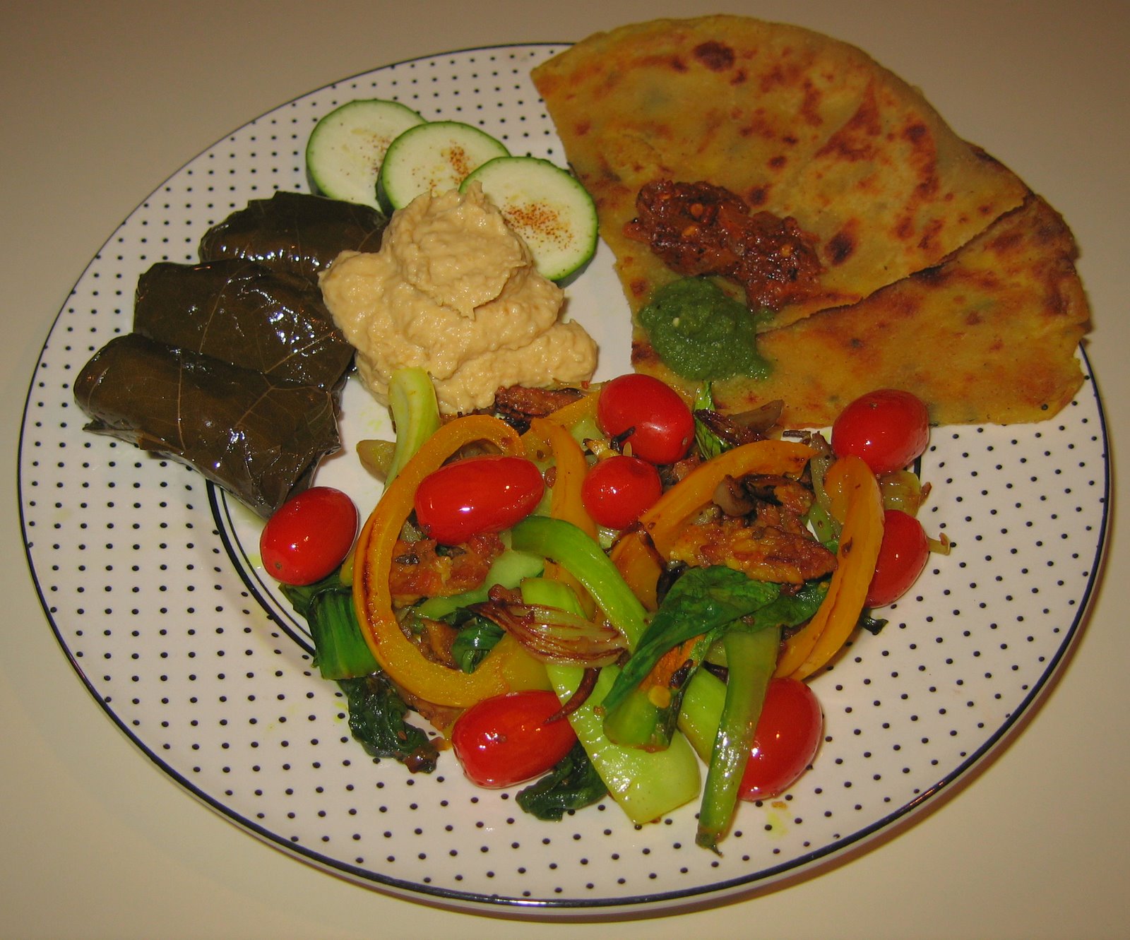 [20080402+Baby+Bok+Choy+with+Tempeh,+Bell+Pepper,+and+Grape+Tomatoes,+Stuffed+Grape+Leaves,+Hummus,+Leftover+Parathas.jpg]