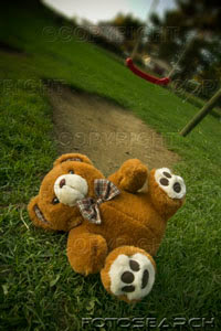 رؤيا منام أضغاث أحلام.. Fallen-teddy-bear-lying-in-the-swing-set-grass-~-u15225025