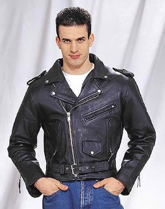 Leather Police: Young man with biker leather jacket and blue jeans