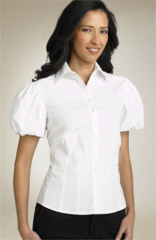 picture of woman wearing white blouse with puff sleeves