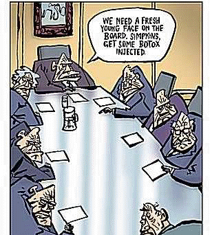 cartoon of men at a board meeting saying, we need a fresh, young face on the board, simpksons, get botox injected